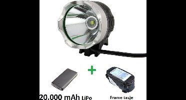 1200 lumen MTB/race LED koplamp set CREE T6 USB aansluiting - EXTREEM veel licht - 100 meter- met 20.000mAh LiPo Powerbank en handig frametasje