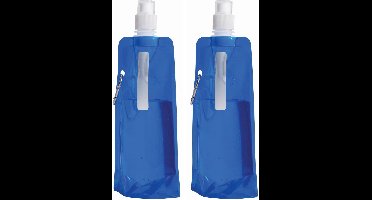 Trendoz Waterfles / drinkfles opvouwbaar - 2x - blauw - kunststof - 400 ml - schroefdop - ophanghaak - sport - op reis - ruimtebesparend