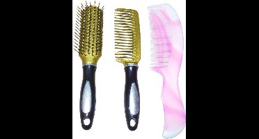 Haarborstel+Haarkam goudkleurig+ grote handvat kam roze-wit
