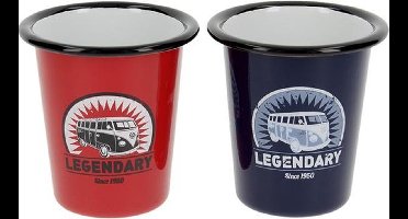 BRISA VW Collection - Volkswagen Set van 2 Geëmailleerde Koffie-Thee-Cappuccino-Kop-Mok-Haferl-Mok voor Camping & Buiten T1 Bus (310 ml x2/Rood & Blauw)