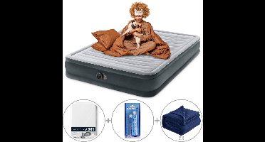 Intex Comfort Plush luchtbed met ingebouwde pomp | Tweepersoons | 203 x 152 x 33 cm | Inclusief bijpassend hoeslaken + reparatiekit + twee fleece dekens