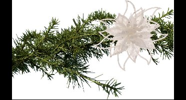 Cosy and Trendy kerstboomversiering bloem op clip - wit - 14 cm - glitters - kunststof
