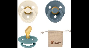 Bibs Dental fopspenen Anatomical 6-18 maanden- Set 3 stuks- Ivory , Petrol, Island Sea + Monkiezz speenzakje - orthodontisch- Anatomisch- Maat 2