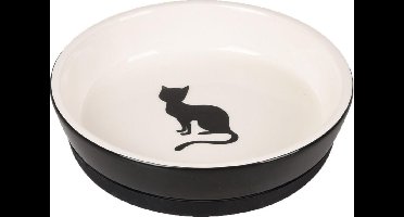 Flamingo Voerbak Kat Keramiek – Eet- en Drinkpot Nala – Rond – Zwart & Wit – Met Print – Antislip – 220ml – Ø14cm