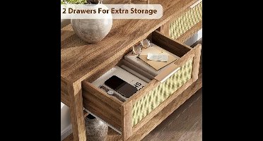 Haltafel – Sidetable – Console Tafel – Sofa Tafel – Rattan Bijzettafel – Boho Design – 2 Laden – Caramel Eikenhout