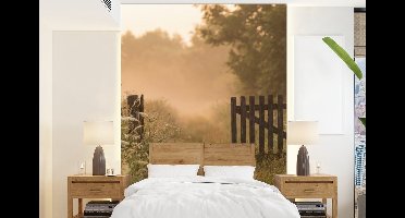 Behang - Fotobehang Hek - Natuur - Mist - Veld - Breedte 160 cm x hoogte 220 cm