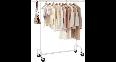 Sierra Kledingrek, Kledingrek met wieltjes, uittrekbare stang voor zware belasting, draagvermogen 130 kg, 45 x (110-150) x 162,9 cm, kapstok, metaal, verchroomd, mat wit HSR011W01