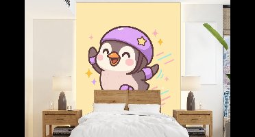 Behang - Fotobehang Pinguïn - Rolschaatsen - Geel - Energiek - Breedte 160 cm x hoogte 220 cm