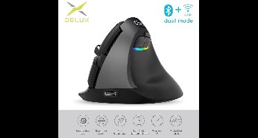 Delux M618mini - Oplaadbaar - Draadloos (2,4ghz + Bluetooth) - Anti-RSI - Ergonomisch - Gaming muis - RGB - 800 / 1200 / 1600 / 2400 DPI - 6 Knoppen - Plug & Play - Rechtshandig