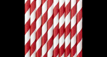 Partydeco drinkrietjes gestreept - van papier - rood/wit - 10x stuks - verjaardag drinkrietjes - 19 cm