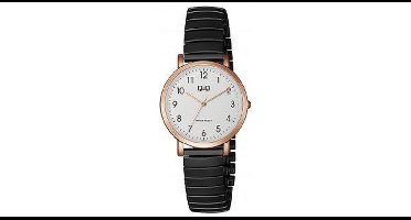 Q&Q QA21J404Y - Horloge - Analoog - Dames - Vrouwen - Rekbare Dubbele stalen band - Rond - Metaal - Cijfers - Antraciet - Rosékleurig - Wit - 3ATM