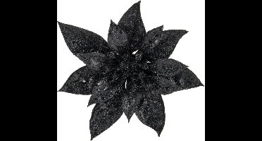 Cosy & Trendy Decoratie bloem - kerstster - op clip - zwart - glitter -15 cm - kunststof - kerstversiering