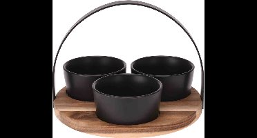 Excellent Houseware Serveerplank - rond - 3 schaaltjes - acaciahout - 22 cm