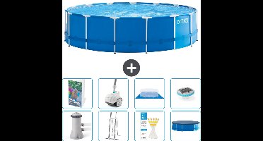 Intex Rond Frame Zwembad - 457 x 122 cm - Blauw - Inclusief Pomp - Ladder - Grondzeil - Afdekzeil - Stofzuiger - Verlichting - 9-delig