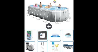 Intex Ovaal Prism Frame Zwembad - 610 x 305 x 122 cm - Grijs - Inclusief Pomp - Ladder - Grondzeil - Afdekzeil - Vloertegels - Verlichting - 9-delig