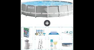 Intex Rond Prism Frame Zwembad - 457 x 107 cm - Grijs - Inclusief Pomp - Ladder - Grondzeil - Afdekzeil - Onderhoudspakket - Schoonmaakset - 9-delig