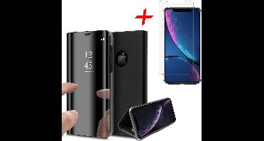 Hoesje geschikt voor iPhone XR - Screen Protector GlassGuard - Book Case Spiegel Zwart & Screenprotector