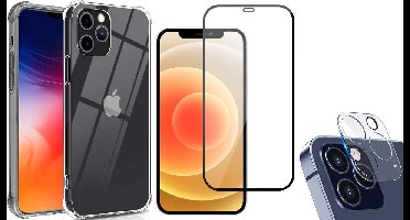 Hoesje geschikt voor iPhone 12 Pro - Transparant Siliconen Shockproof Case + Screen Protector Glas Full + Camera Lens Protector