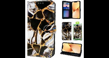 Green On 3D Print Wallet Case Gold Black Marble Galaxy A04E - Goud