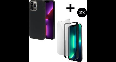 Mobiparts Silicone Cover hoesje geschikt voor Apple iPhone 13 Pro Max met 2 Screenprotectors van Gehard Glas - Zwart