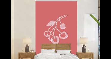 Behang - Fotobehang Lijnillustratie - Kersen - Tak - Wit - Breedte 145 cm x hoogte 220 cm