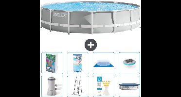 Intex Rond Prism Frame Zwembad - 457 x 107 cm - Grijs - Inclusief Pomp - Ladder - Grondzeil - Afdekzeil - Filter - Verlichting - 9-delig