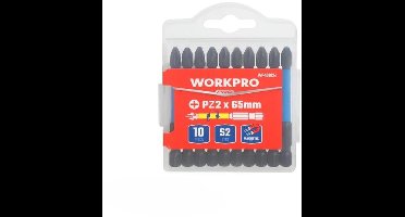 WORKPRO WP408124 – Schroefbitset PZ2 – 10 stuks – 65 mm – S2-staal – Magnetische punt – Quick-Change 1/4"
