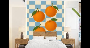 Behang - Fotobehang Sinaasappels - Blaadjes - Geblokt - Blauw - Breedte 160 cm x hoogte 220 cm