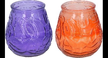 Arti Casa 4x stuks Citronella Lowboy tafelkaarsen 10 cm oranje en paars glas