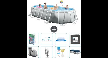 Intex Ovaal Prism Frame Zwembad - 503 x 274 x 122 cm - Grijs - Inclusief Pomp - Ladder - Grondzeil - Afdekzeil - Schoonmaakset - Vloertegels - 9-delig