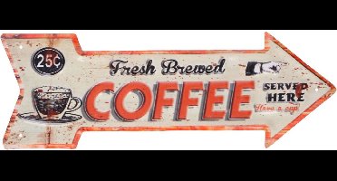 Non-branded Stalen Bordje Pijl 'fresh Brewed Coffee' 40x14 Cm Wit/oranje