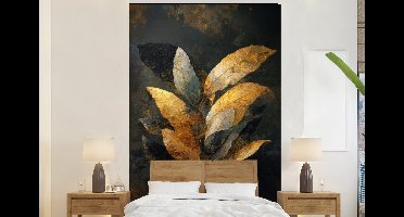 Behang - Fotobehang Gouden Bladcompositie – Botanische Luxe - Breedte 145 cm x hoogte 220 cm