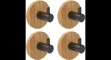 GELLDG Universele set houten wandhaken - 4 stuks - Zelfklevende haken - Zelfklevende handdoekrekken - Zwarte decoratieve bamboehaken - 50 mm diameter - Boren niet nodig - Geschikt voor badkamers en keukens
