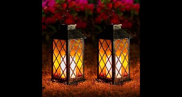 GELLDG 2 stuks Buitenlampen en Solarlampen - 14x14x33,5cm - Zonne-energie - Waterdicht Metalen Hanglamp met Flikkereffect - Geschikt voor Terras Tuin Balkon en Wand - Vintage Kerstdecoratie Set