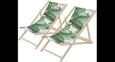 ECD Germany 2x opvouwbare strandstoel houten ligstoel met verstelbare rugleuning 3 standen comfortabele tuinstoel buitensstoel draagbare lounge stoel weerbestendig ligbed voor strand tuin balkon terras tot 120 kg tropical groen-wit