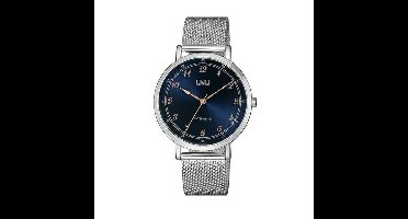 Q&Q QA20J225Y - Horloge - Analoog - Heren - Mannen - Milanese/Mesh band - Rond - Metaal - Cijfers - Zilverkleurig - Donkerblauw - Rosékleurig - 3ATM