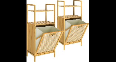 2x Badkamerrek met wasmand 70l bamboe badkamerkast 2 legplanken wassorteerder