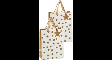 Luxe papieren giftbags/cadeau tasjes - Set van 4x stuks - goud sterretjes - 26 x 32 x 12 cm - goodie bags