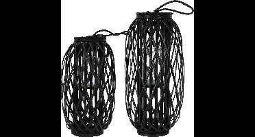 Rotan lantaarn met handvat set van 2 50 & 60 cm zwart gemaakt van milieuvriendelijk rotan