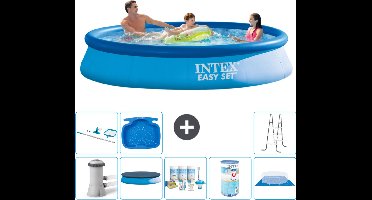 Intex Rond Opblaasbaar Easy Set Zwembad - 366 x 76 cm - Blauw - Inclusief Pomp - Afdekzeil - Onderhoudspakket - Filter - Grondzeil - Schoonmaakset - Ladder - Voetenbad - 9-delig