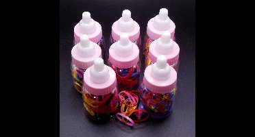 Babyflesjes transparant-roze-wit gevuld met gekleurde haarelastiekjes set van 8 stuks. #1
