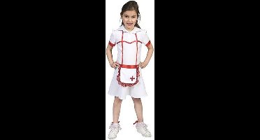 Funny Fashion - Verpleegster & Masseuse Kostuum - Ziekenhuis Zuster Sara - Meisje - rood,wit / beige - Maat 140 - Carnavalskleding - Verkleedkleding