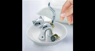 Balvi ringhouder kat op schaaltje Gatto wit met zilver