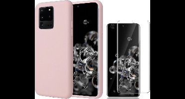 Hoesje geschikt voor Samsung S20 Ultra - Liquid Siliconen Case + Screen Protector - Roze