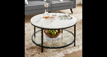 Salontafel woonkamertafel banktafel voor woonkamer met glasplaat veel opbergruimte eenvoudige montage moderne stijl witte marmerlook Zwart frame 80 x 44.5 cm