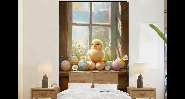 Behang - Fotobehang Kuiken - Raam - Paaseieren - Breedte 145 cm x hoogte 220 cm