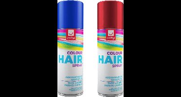 Smiffys Carnaval verkleed hoofdhaar verf/spuitspray - blauw en rood - spuitbussen - 125 ml p/st