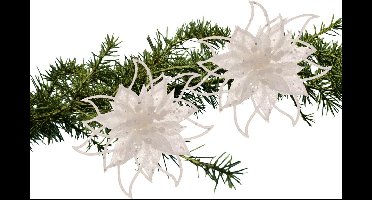 Cosy and Trendy kerstboomversiering bloemen op clip - 2x- wit - 14 cm - glitters