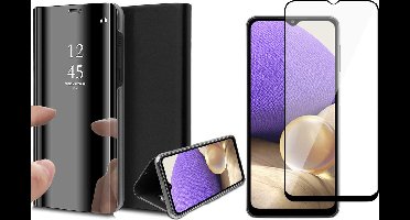 Hoesje geschikt voor Samsung Galaxy A32 5G - Screen Protector FullGuard - Book Case Spiegel Zwart & Screenprotector
