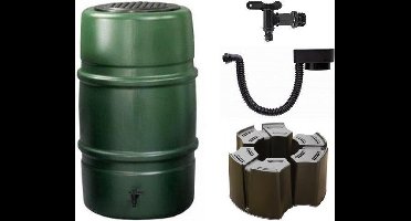 Luxe set groen: Regenton 227L + luxe vulautomaat + voet + kraan en kindveilig deksel